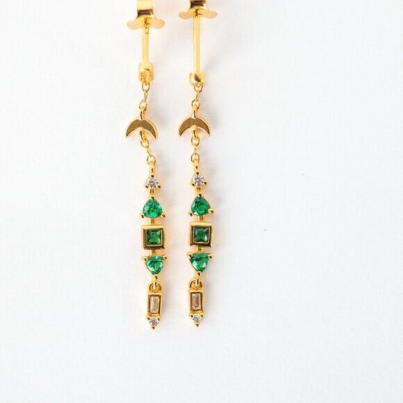 Emerald Green Drop Earrings Gold Crescent Moon Dangle Earrings Celestial Jewelry - Picture 9 of 12